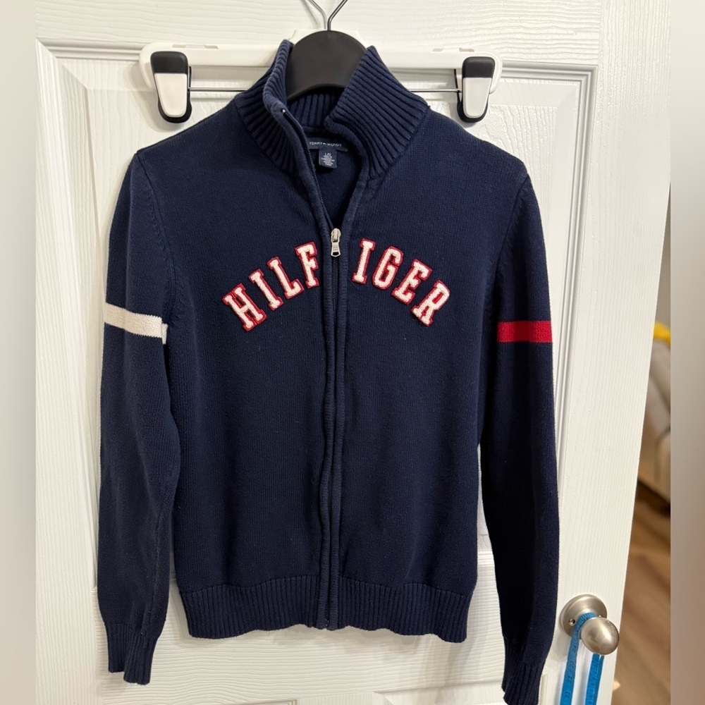 Tommy Hilfiger Full Zip Sweater Youth L Fits Adult XS/S Y2K preppy navy blue